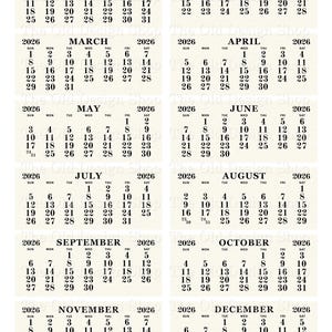 May include: Printable 2026 calendar cards featuring a beige background with black text. Each month is displayed on a separate card, with the days of the week and dates clearly visible. The Old Design Shop.
