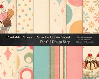 Retro Ice Cream Social Printable Papers, 12 Vintage Mid-Century Digital Backgrounds