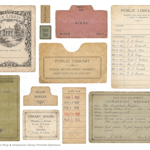 May include: A collection of vintage-style paper ephemera including an Ex Libris bookplate, library checkout cards with handwritten dates and names, a condition report, library hours sign, and various small index tabs with printed text.