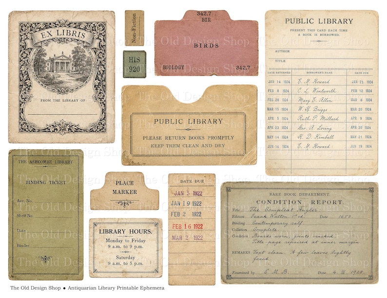 May include: A collection of vintage-style paper ephemera including an Ex Libris bookplate, library checkout cards with handwritten dates and names, a condition report, library hours sign, and various small index tabs with printed text.