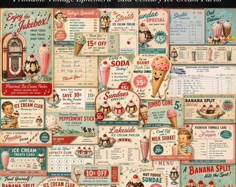 Mid Century Ice Cream Parlor Ephemera, Printable Junk Journal Kit, Vintage Soda Fountain Printables, Digital Download