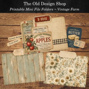 Può includere: Una collezione di mini cartelle stampabili con texture in iuta, un'etichetta B-9046, un cartellino Farm Supply Co., un'etichetta di mele Synnyside Orchards, una pubblicità del burro, un motivo a assi di legno azzurre e una stampa floreale.