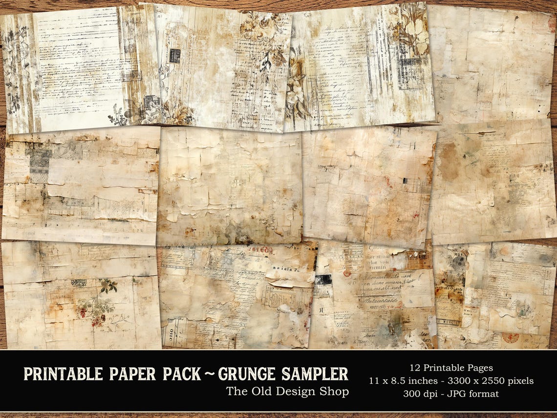 Digital Paper Printable Grunge Sampler Junk Journal Paper Pack Shabby ...