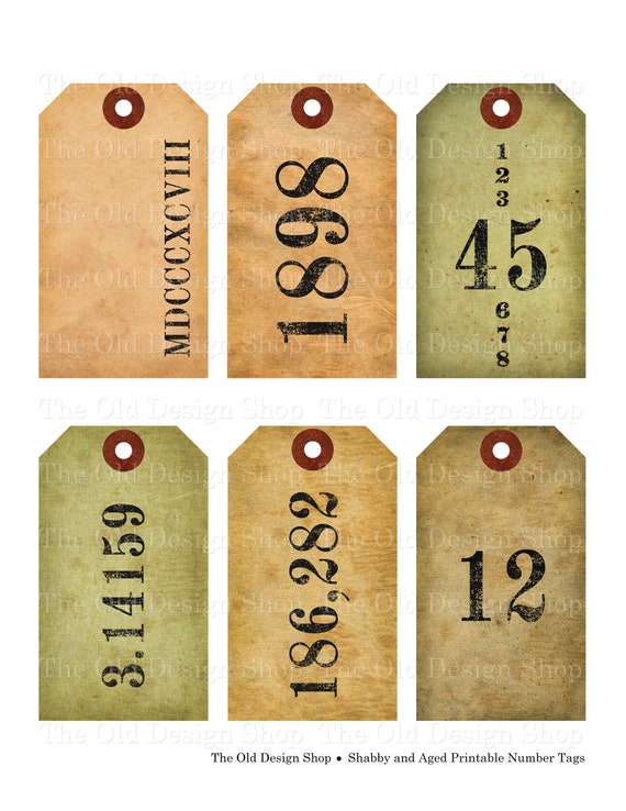 shabby and aged number tags printable vintage style digital etsy
