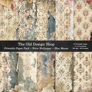 May include: A collection of ten printable paper pages featuring a worn wallpaper design. The pages display a variety of floral and damask patterns in beige, blue, and red tones. The text reads "The Old Design Shop" and "11 x 8.5 inches".