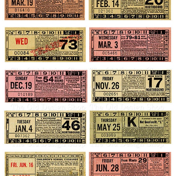 Antique Transfer Tickets Vintage Bus Tickets Printable Ephemera for Junk Journals Cardmaking Supply Commercial Use Digital Download JPG File