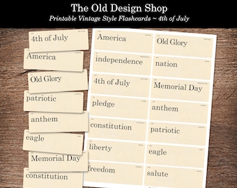 Printable Patriotic Flash Cards – Vintage Americana 4th of July Word Cards Digital Download