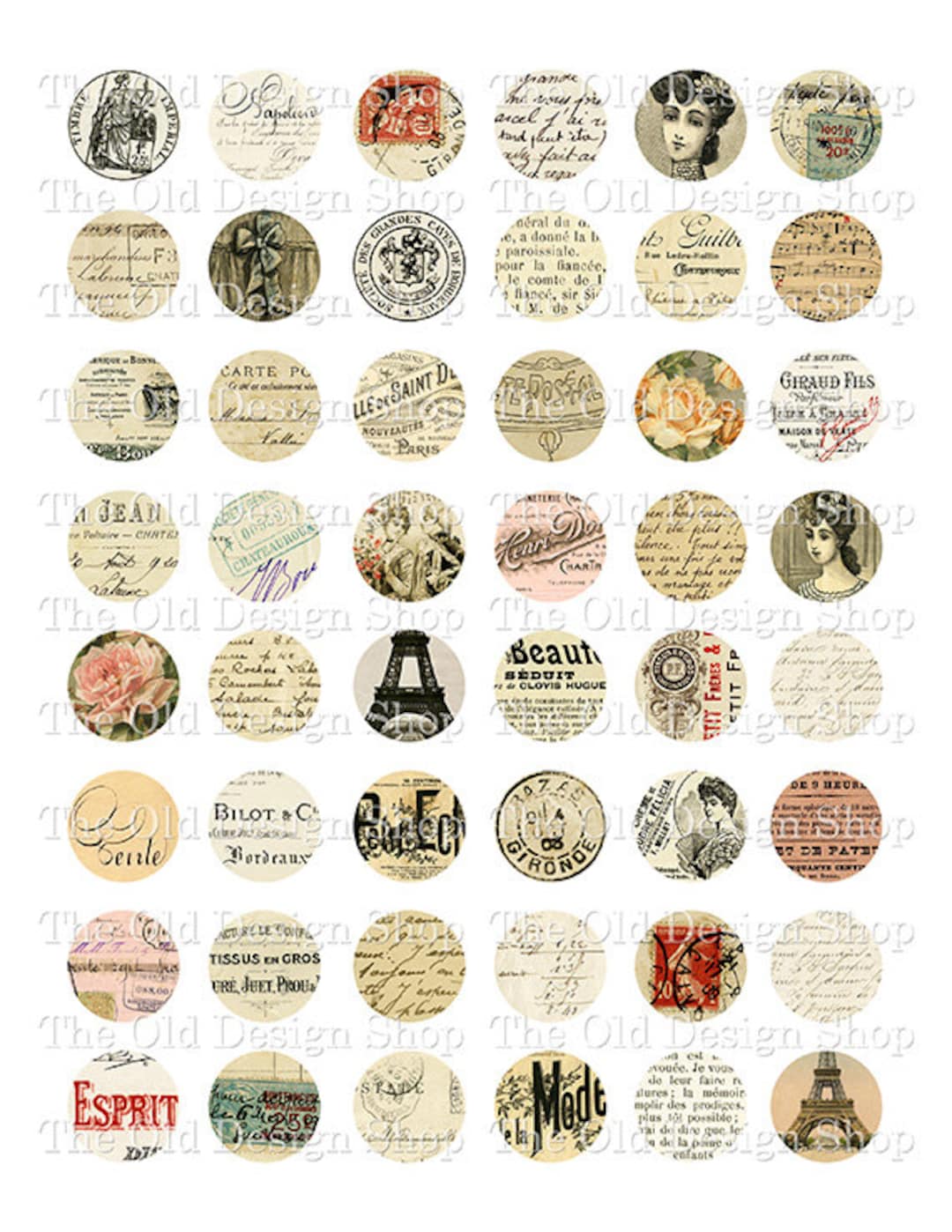 Vintage French 1 Inch Circles Printable Digital Collage Sheet - Etsy