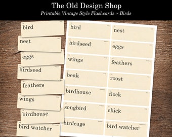 Cartes flash oiseaux imprimables Journal éphémère neutre carterie vintage style rétro carte Flash oiseaux mots téléchargement numérique JPG