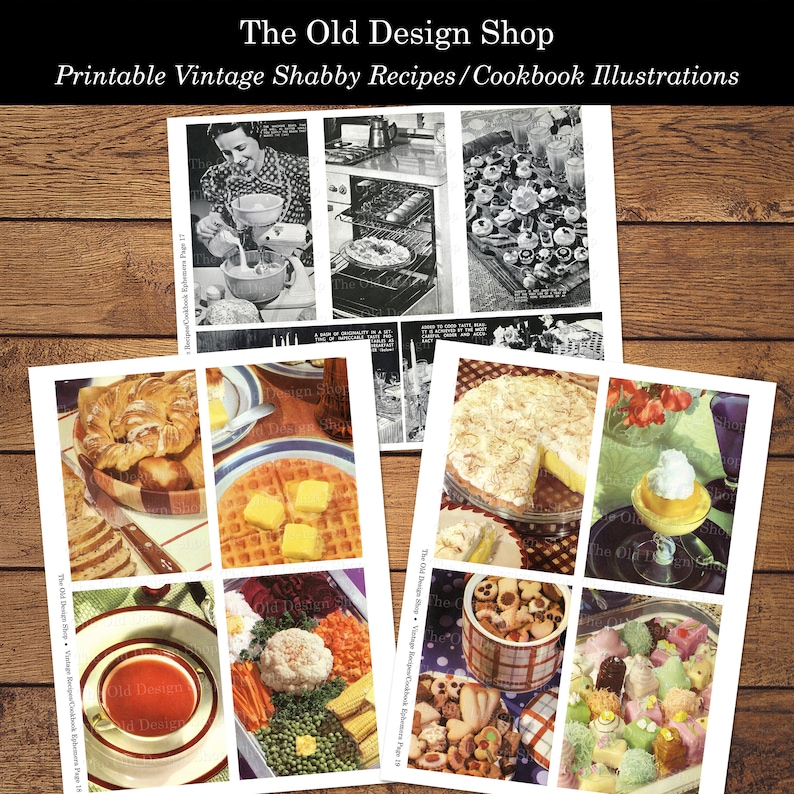 Printable Shabby Aged Old Recipes and Cookbook Illustrations Vintage Cooking Baking Ephemera Digital Collage Sheets