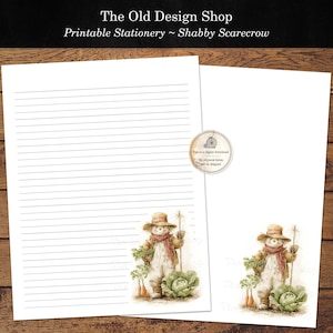Papelería de jardín con diseño de espantapájaros desgastado, juego de papel de carta Country Patch Penpal, descarga digital.