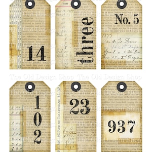 Number Tags Taped Collaged Printable Shabby Vintage Style Digital Collage Sheet JPG Format Individual PNG Files Included image 2