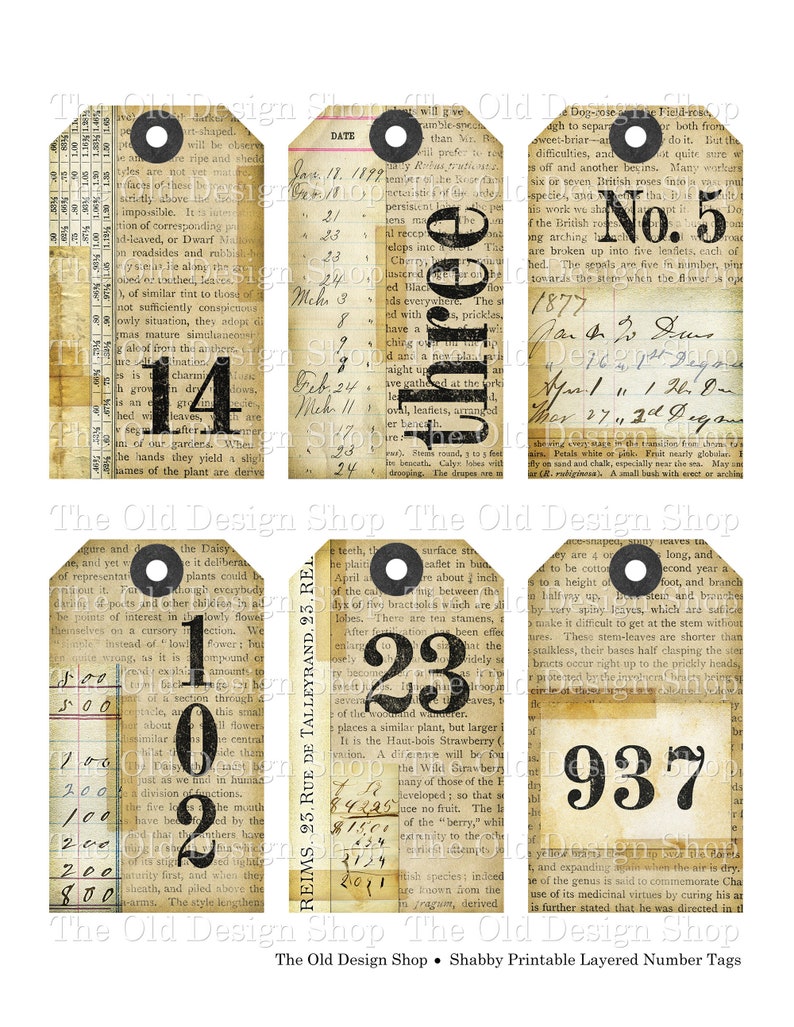 Number Tags Taped Collaged Printable Shabby Vintage Style Digital Collage Sheet JPG Format Individual PNG Files Included image 2