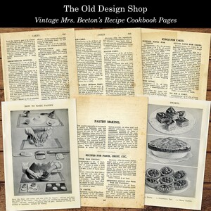 Peut inclure: Pages de livre de cuisine vintage avec des recettes de g&acirc;teaux, de p&acirc;tisseries et de sucreries. Les pages sont tir&eacute;es du livre de cuisine de Mme Beeton et pr&eacute;sentent des illustrations montrant comment faire de la p&acirc;te, diff&eacute;rents types de g&acirc;teaux et diverses sucreries.