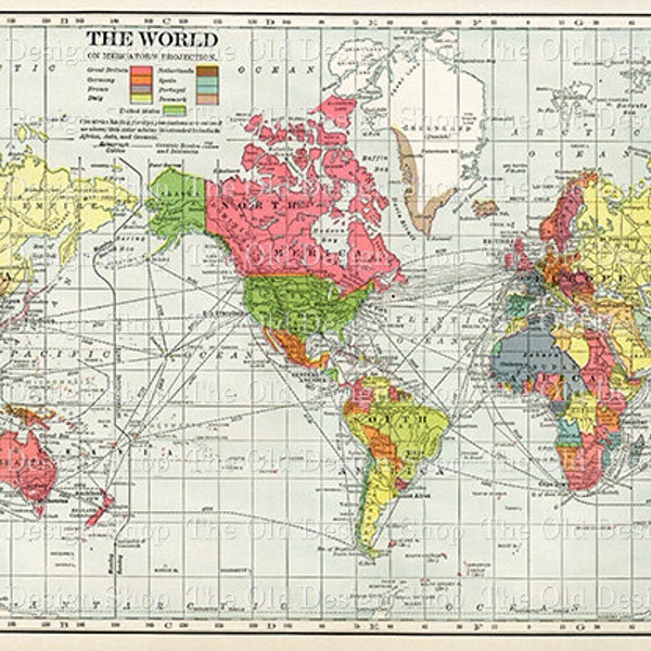 World Map 1902 Vintage Aged Yellowed Printable Commercial Use Digital Download JPG Image