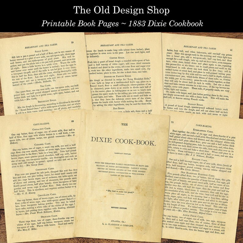 May include: A vintage cookbook titled "The Dixie Cook-Book" with a faded, yellowed cover. The book features a title page with the text "The Dixie Cook-Book" in large, bold letters. The book is from the "Treasures Family Collection of Many Generations of Southern Housewives" and is a "Revised Edition" published by L.A. Clarkson & Company in Atlanta, GA.