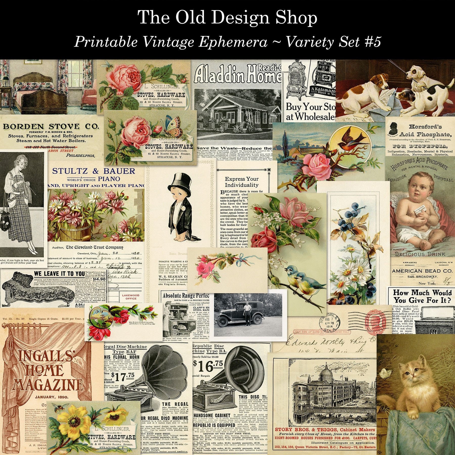 Set 5 Vintage Ephemera Printable Variety Pack Digital Download Collage ...