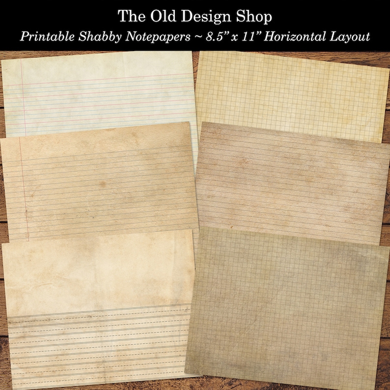 Peut inclure: Cinq feuilles de papier imprimables avec diff&eacute;rentes textures et lignes. Les papiers sont tous en format horizontal et mesurent 8,5 pouces par 11 pouces. Les papiers sont tous de couleur brun clair et ont un aspect vintage.