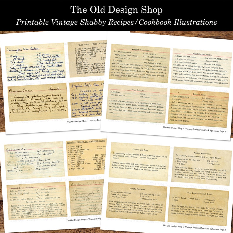 Printable Shabby Aged Old Recipes and Cookbook Illustrations Vintage Cooking Baking Ephemera Digital Collage Sheets