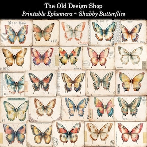 Peut inclure: Un collage d'illustrations de papillons de style vintage sur des fonds en papier vieilli. Les papillons présentent une variété de couleurs, dont le bleu, l'orange, le jaune et le rose. Le texte "The Old Design Shop Printable Ephemera ~ Shabby Butterflies" est en haut.