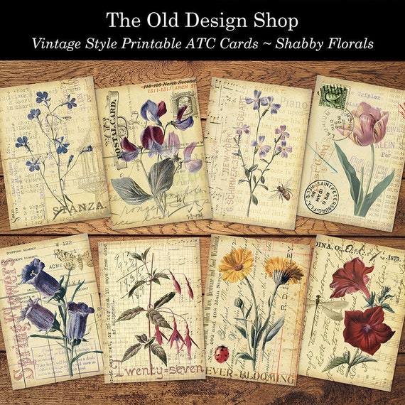 Shabby Floral Botanical Cards Printable ATC Size Digital Collage Sheet