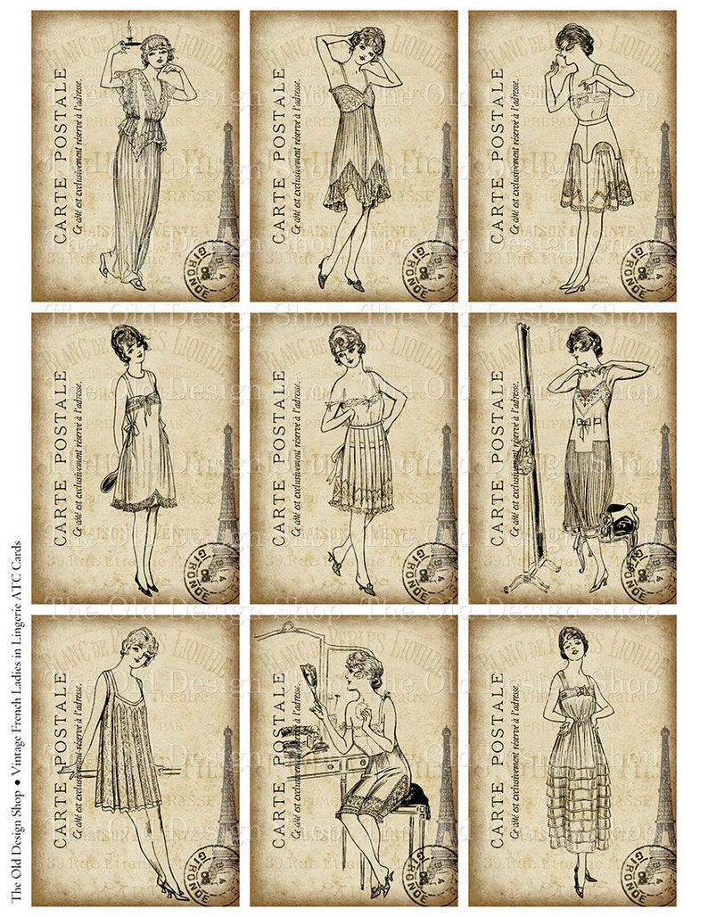 ATC Cards Vintage French Ladies in Lingerie Printable Digital Download Collage Sheet image 2