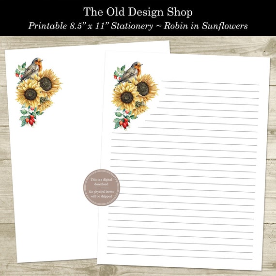 Printable Stationery Sunflower Robin Bird Autumn Fall 8.5 X - Etsy