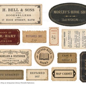 May include: A collection of vintage-style paper labels and ephemera featuring various book-related text including H. Bell & Sons, Morley's Book Shop, T.J. R. Hart, and C. Wren Bookbinder, with aged textures, decorative borders, and typography.