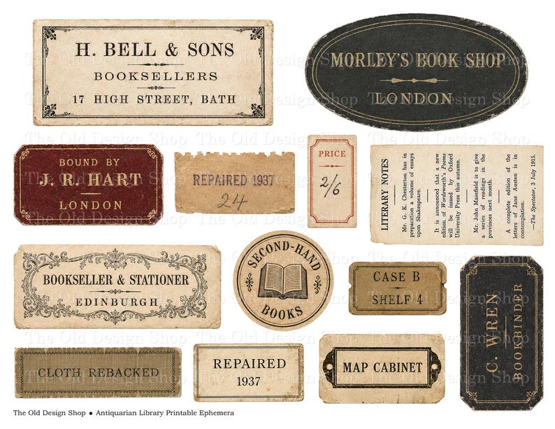 May include: A collection of vintage-style paper labels and ephemera featuring various book-related text including H. Bell & Sons, Morley's Book Shop, T.J. R. Hart, and C. Wren Bookbinder, with aged textures, decorative borders, and typography.