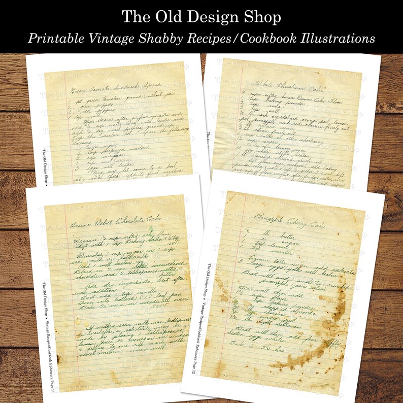 Printable Shabby Aged Old Recipes and Cookbook Illustrations Vintage Cooking Baking Ephemera Digital Collage Sheets