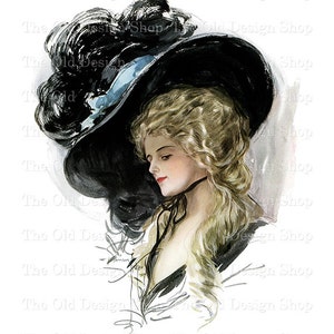 Victorian Lady with Black Hat Art Print, Harrison Fisher Image, Digital Download