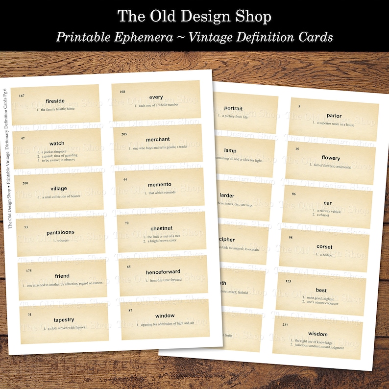 Dictionary Definition Cards Printable Aged Vintage Ephemera Etsy