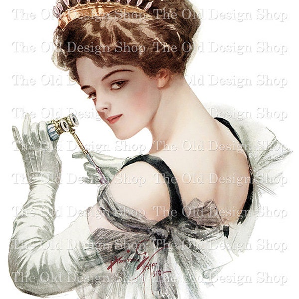 Harrison Fisher Printable Art Edwardian Lady with Opera Glasses for Junk Journals Cardmaking Supply Commercial Use Digital Download JPG File