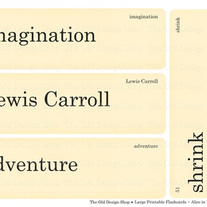 May include: A collection of vintage-style flashcards with black text on a cream background. The cards display the words "imagination," "Lewis Carroll," "adventure," and "shrink." The Old Design Shop logo is at the bottom.