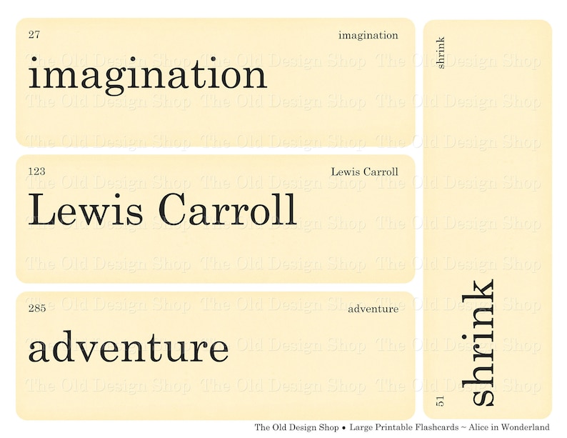 May include: A collection of vintage-style flashcards with black text on a cream background. The cards display the words "imagination," "Lewis Carroll," "adventure," and "shrink." The Old Design Shop logo is at the bottom.