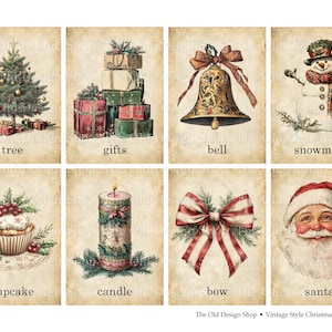 May include: Vintage style Christmas ATC cards featuring illustrations of a tree, gifts, bell, snowman, cupcake, candle, bow, and Santa. The cards are printed on a cream-colored background with a brown border.