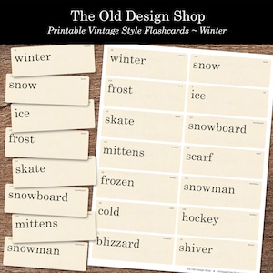 Winter Flashcards Afdrukbare Junk Journal Ephemera Retro Vintage Flashcard Clipart Winter Woorden Cardmaking Supply Digitale Download Flash Card