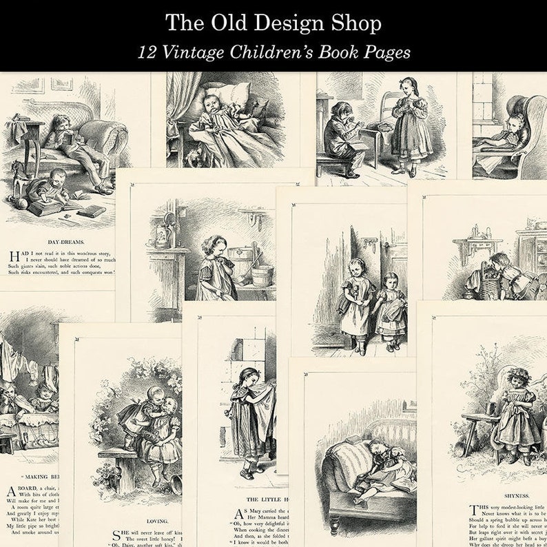 May include: A collection of 12 vintage black and white illustrations from children's books. The illustrations depict children engaged in various activities, such as reading, playing, and sleeping. The illustrations are in a simple, charming style.