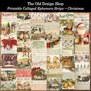 Gecollagede kerst ephemera strips afdrukbare efemere verschijnselen voor ongewenste tijdschriften aanbod kaarten maken vintage graphics digitale download kerst JPG