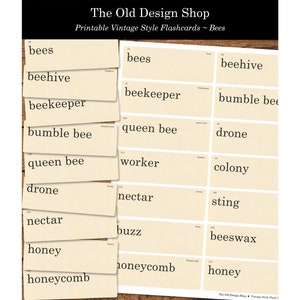 Cartes flash sur le thème des abeilles, mots d'abeilles imprimables, carte flash vintage de style rétro, feuille de collage numérique au format JPG