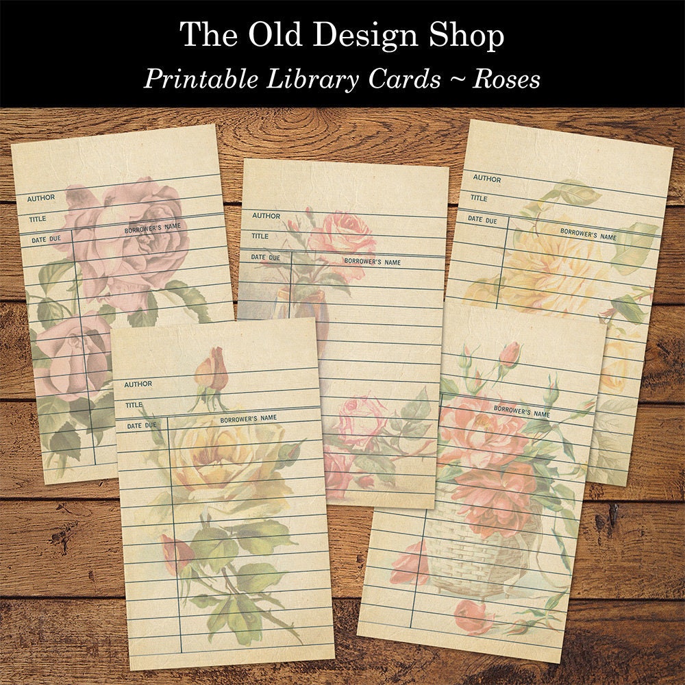 Vintage Style Library Cards Beige Background Floral Rose Designs Prin…
