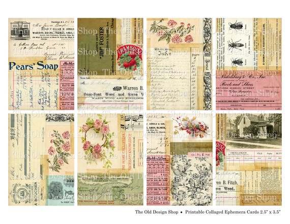 Printable Collaged Ephemera Vintage Style Atc Size Cards 2 5 Etsy