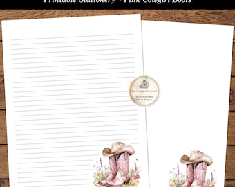 Cowgirl Boots Printable Letter Writing Stationery Watercolor Cowgirl Hat and Pink Boots Lined & Unlined Stationary Digital Download PDF