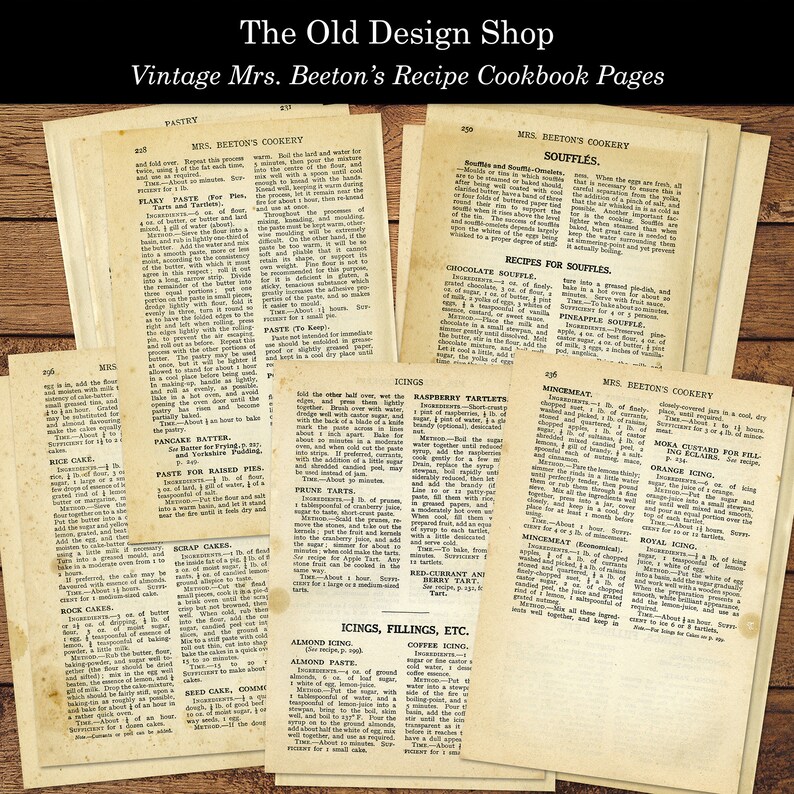 Peut inclure: Pages de livre de cuisine vintage de Mrs. Beeton's Cookbook. Les pages sont jaunies par le temps et pr&eacute;sentent des recettes de p&acirc;tisserie, de souffles, de tartes et de g&acirc;teaux. Le texte est en encre noire et comprend des titres tels que "Souffles", "Recettes de Souffles", "Tartelettes aux framboises", "Mincemeat" et "Gla&ccedil;age &agrave; l'orange".