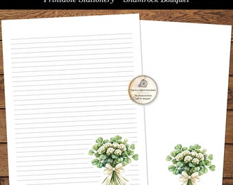 May include: Printable stationery featuring a watercolor illustration of a bouquet of shamrocks with a white ribbon. The text "The Old Design Shop" and "Printable Stationery ~ Shamrock Bouquet" is at the top of the image.