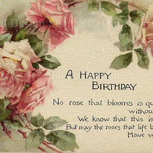 Carte postale vintage anniversaire clipart fleurs roses roses usage commercial téléchargement numérique Image JPG imprimable