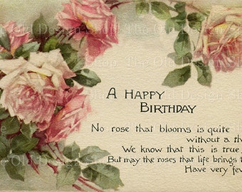 Printable Birthday Clip Art Vintage Postcard Pink Flowers Roses Commercial Use Digital Download Printable JPG Image