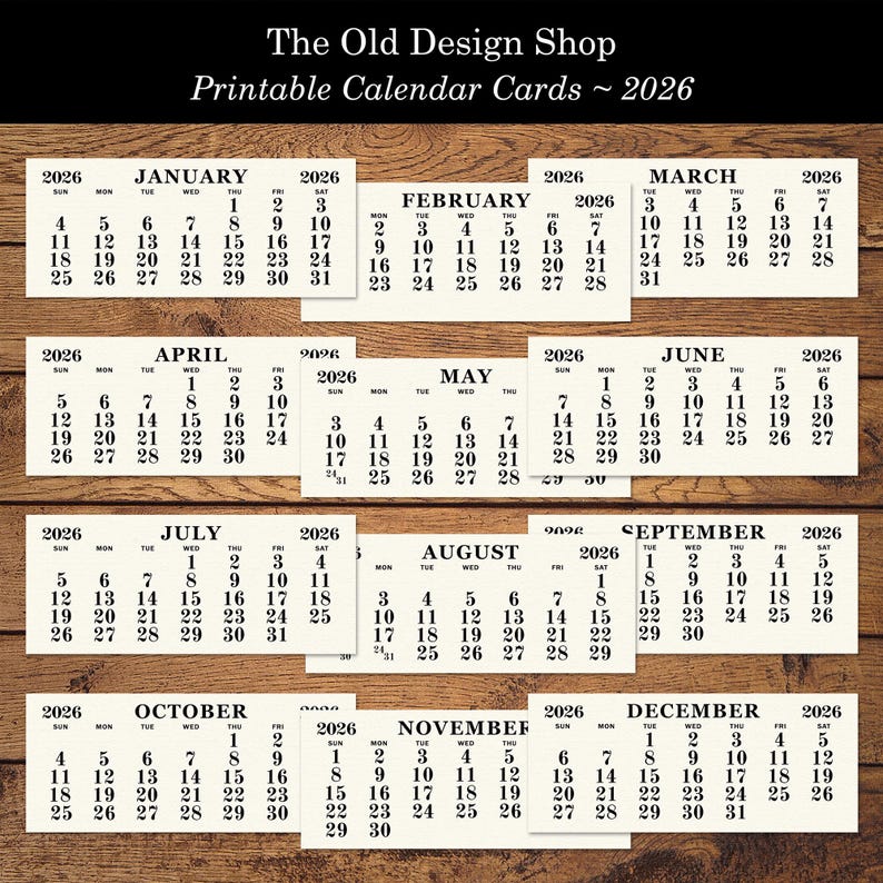 May include: Printable calendar cards for 2026, featuring a neutral design. Each month is displayed on a separate card, with the days of the week and dates clearly visible. The Old Design Shop logo is at the top.
