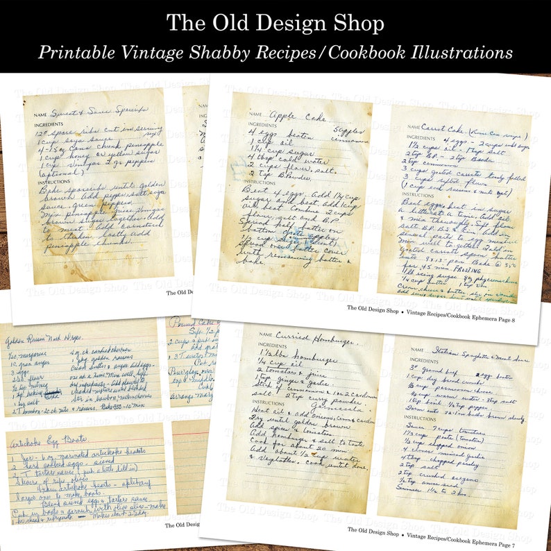 Printable Shabby Aged Old Recipes and Cookbook Illustrations Vintage Cooking Baking Ephemera Digital Collage Sheets