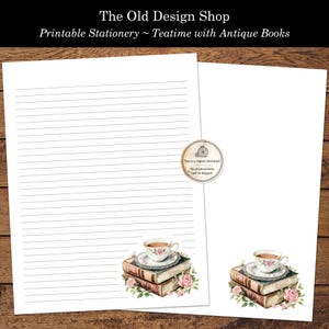 La hora del té con libros antiguos, artículos de papelería para escribir cartas, delicadas rosas rosadas, artículos de papelería con y sin líneas en acuarela, descarga digital en formato PDF
